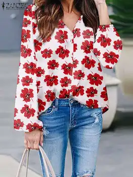 Femei Floare Imprimate Bluza ZANZEA 2023 Vara Maneca Lunga Tunică de Moda V-neck Tricou Supradimensionat Holiday Beach Topuri Streetwear