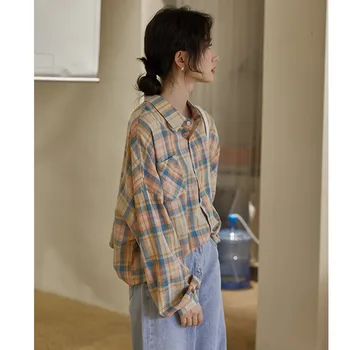 2023 Nou Sosirea Primăverii Stil coreean Femei Vrac de Turn-down Guler Maneca Lunga Bluza Casual Singur Pieptul Camasi Carouri V200