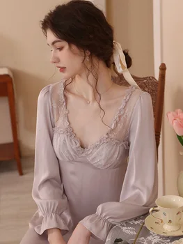 Franceză Primavara-Vara Silk V-neck Neregulate cămașă de noapte pentru Femei Zână Dantela Split Volane Rochie Pijamale Romantic Victorian Sleepwear