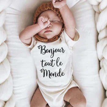 Bonjour Tout Le Monde Franceză Copil Nou-Născut Tripleți Fete Băiat Confortabil Născut Crawling Maneca Scurta Salopeta Copil De Dus Cadou
