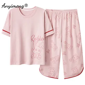 Moda de vara Iepure de Imprimare 3XL culoare Roz Pijamale pentru Fete Moale de Bumbac, Pijamale Femei Pijama Maneci Scurte Pantaloni Capri Body