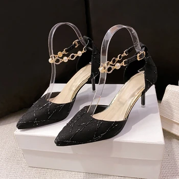 Baotou Toc Subțire Subliniat Solid cu Toc Singur Pantofi Femei 2023 Vara Noi Versatil Lanț Pearl Sandale Confortabile pentru Femei