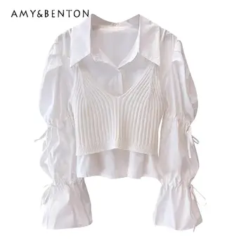 Stil francez Bell Alb cu Maneci Scurte, partea de Sus Bluza Set de Primăvară de Moda pentru Femei de Nișă Frumoase Unic Suspensor Tricou Două Seturi de Piese