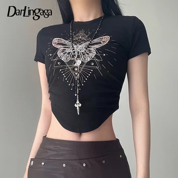 Darlingaga Grunge Fairycore Y2K Crop Top Tinutele de Vara 2023 90 Vintage Fluture Imprimat Tricouri Slim Gotic T-shirt Femei