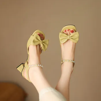 Dimensiuni mari, Supradimensionate de Mari dimensiuni sandale pentru femei și fete Square toe cu toc gros sandale cu funda si perle decor design