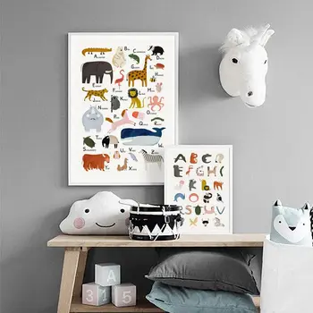 Alfabet Animale Leu, Girafa, Elefant Nordic Postere Și De Imprimare Arta De Perete Panza Pictura Pe Perete Imagini Pentru Copii Copil De Cameră Decor