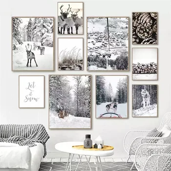 Naturale de Zăpadă Decor de Perete de Arta Pictura in Ulei Elan Animale Iarbă, Soare, Peisaj, Decor Acasă Poster și Camera de zi de Decorare