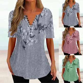 Noua Moda Flori de Imprimare T-shirt pentru Femei Maneci Scurte Topuri Casual V-neck Tee de Vară de sex Feminin Streetwear Supradimensionate pentru Femei Pulover
