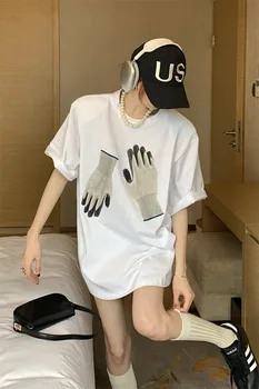 Liber Pad Umăr cu mânecă Scurtă T-shirt pentru Femei Primavara-Vara O Gât Lung Casual Alb Topuri Y2K Estetice Grafic Kpop Tees
