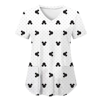 Femeia Haine Disney tricou de Vara tricouri Spital Topuri Asistenta Uniforme Femei de Top 2023 Minnie Mouse Buzunar V Gât Mickey Tees