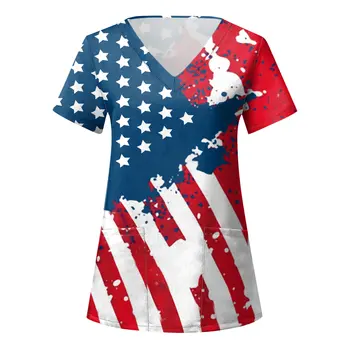 Femei Bărbați 4 iulie V-neck Asistenta Uniformă Patriotic Decor Steagul American de Imprimare Mijlocul Lungime Topuri tricouri Independent Zi
