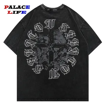 Oversize T-Shirt Pentru Bărbați Hip Hop Streetwear Cruce Scrisoarea Imprimate Tricou 2023 Vară Cuplu Maneci Scurte Harajuku Sus De Bumbac
