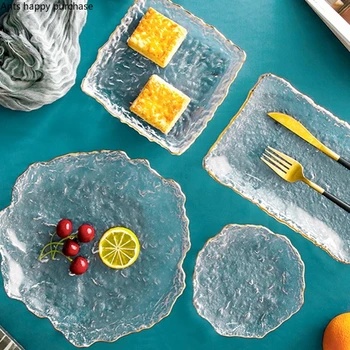 Europene Cristal Transparent Placă De Sticlă Aurită Neregulate Desert Platou Cu Fructe De Uz Casnic Cină Set Tacamuri Ustensile De Bucătărie