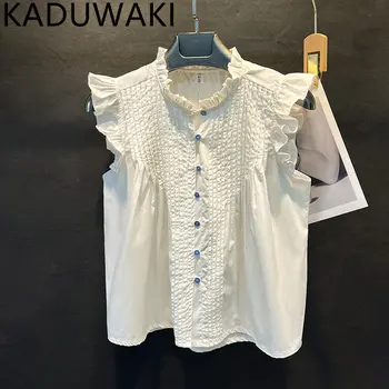 Simplu All-meci Femme Blusas Proaspete din Lemn Ureche Design de Zbor Maneca Culoare Solidă Tricouri Femei Bluza de Vara coreean Chic Veste de Sus