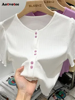 Aotvotee Slim T Shirt pentru Femei 2023 Nou Scurt Puff Maneca O de Gât Butonul de Moda coreeană Tee Shirt Doamnelor Solid Crop Top Casual