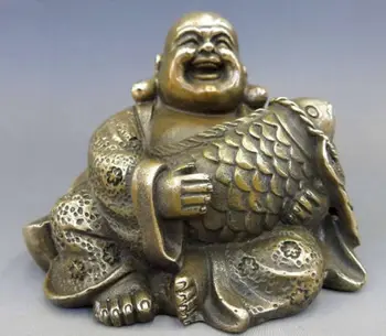 Colectie Chineză Alamă Sculptate Maitreya Buddha Fericit Buddha Îmbrățișând Pește Monedă Rafinat Statui Mici