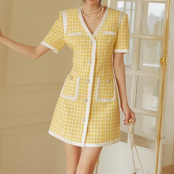 Galben Plover Caz Tweed Mozaic Rochii De Vara Femei Elegante Coreea Style Scurt Mâneci Rochie Mini Casual Vestido De Mulher