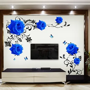 De mari Dimensiuni Trandafir Albastru Flori Autocolante de Perete Canapea/TV de Fundal Acasă Decorare DIY Dormitor Living Artă Murală Decalcomanii Poster
