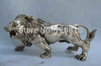 China Folk Rafinat Cupru Alb Argintiu Feline Animal Feroce Leu de sex Masculin Statuie 15cm