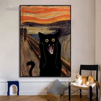 Țipătul Pisicii Negre Portret Amuzant Arta Panza Pictura Abstractă Pisica Neagra Postere si Printuri Cuadros de Arta de Perete pentru Camera de zi