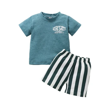 Copilul pentru Baieti Haine de Vară Tinutele Scrisoare de Imprimare Echipajul Gât Maneci Scurte T-shirt, Blaturi și Stripe pantaloni Scurți Costum 2 buc