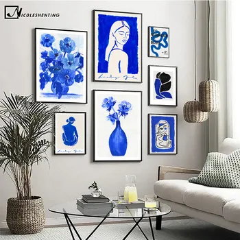 HD Print cu Flori Albastre Rezumat Femeie Retro Poster Geometrie Arta Canvas Tablou Modern de Perete Picture Murale Acasă Decorare Camera
