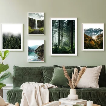 Nordic peisaj natural panza pictura ceață pădure de poster acasă în camera de zi canapea fundal, imagine perete decor fara rama
