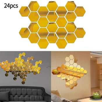 24buc Hexagon Oglindă de Perete Autocolante Acrilice Auto-Adeziv pentru Mozaic Decalcomanii Autocolant de Aur Pentru DIY Dormitor Baie Decor Acasă