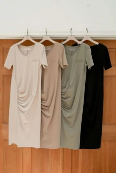 Kuzuwata Temperament Woemn Vestido V-neck Short Sleeve Slim Ori T-shirt Dress 2023 Vară Japoneză Simplu Nou Solid Femme Halat