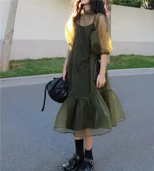 Franceză mai întâi dragostea rochie verde pură dorință de vânt organza fusta lunga de vara