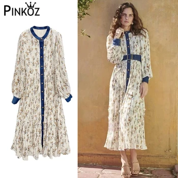 Pinkoz femei pista designer floral model unic pieptul rochie midi lantern maneca vintage de primăvară halat de mujer cu glonț y2k