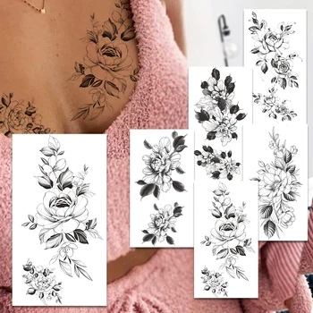 Daisy Fals Tatuaje Temporare Pentru Femei Fete Floarea-Soarelui Bloosom Tatuaj Negru Bujor Flori De Crin Impermeabil Tatuaj Corpul Piept Mâinile