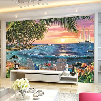 beibehang Personalizate 3d tapet mural de nucă de cocos palmier dublu scaun de plajă pe malul mării frumos peisaj de fundal pictura pe perete 3d обои