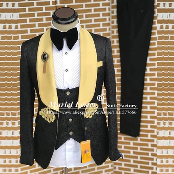 Elegant pentru Bărbați Costume Pentru Nunta de Aur Crestate Rever Jacquard Jacket Adaptate Formal Mirele Om Smoching 3 Piese Sacou Vesta Pantaloni
