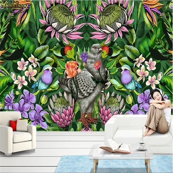 beibehang foto Personalizat imagine de fundal de mână-pictat planta tropicala pasăre de desene animate American cafe restaurant theme hotel de fundal picturi murale