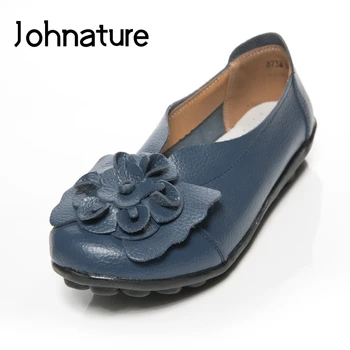 Johnature 2022 de Primavara/toamna din Piele Rotund Deget de la picior Solid Aplicatii de Flori Talpă Moale Confortabil Alunecare Pe Pantofi Pentru Femei