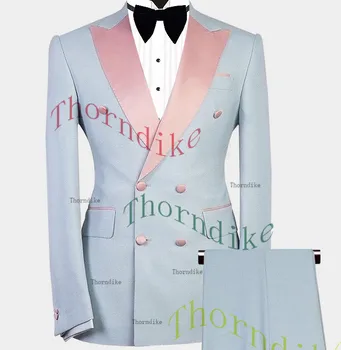 Thorndike 2023 Light Blue Slim Fit Cele Mai Recente Bărbați Costum De Vară De Agrement Nunta Smoching 2 Piese Barbati Costume De Bal De Afaceri Blazer