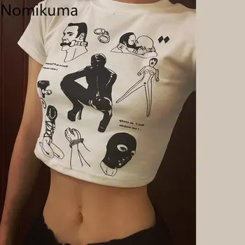 Vara Tricouri Femeie de Desene animate de Imprimare Alb Trunchiate Topuri O-gat Maneci Scurte Sexy Teuri 2023 Ropa Mujer Casual coreean Y2k Tricou