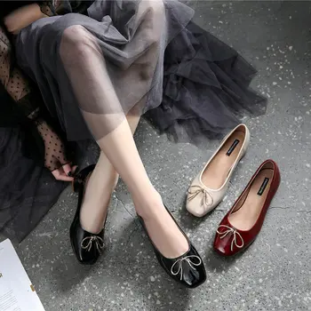 Metalic papion japanned piele mocasini femei square toe slip on mocasini britanic confortabil lărgi singur pantofii femeie plus size36-45