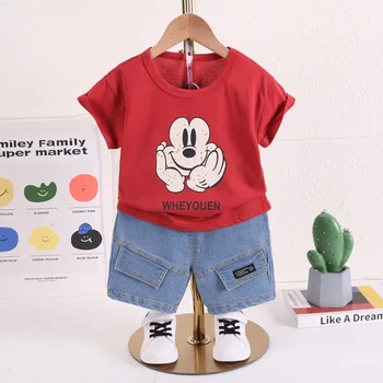 Disney Mickey Baby Boy Haine Set Tricou+pantaloni scurti din Denim Copilului Haine cu Maneci Scurte Costum de Vara Haine pentru Copii