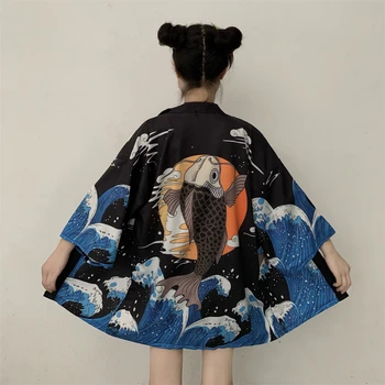 Stil Japonez Femei Negru Crap Print Kimono Cosplay Tradiționale Cardigan Haori Obi Harajuku Streetwear Samurai Yukata