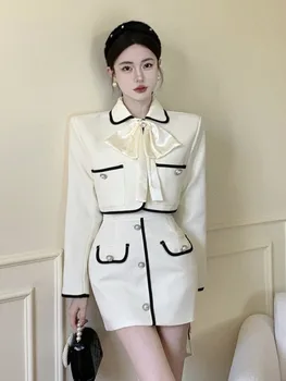 Nouă Primăvară Coreean Mici, Parfumate 2 Bucata Set Femeile Arc Contrast Sacou Haina Crop Top + Fusta Mini Seturi De Streetwear Două Bucata Costum