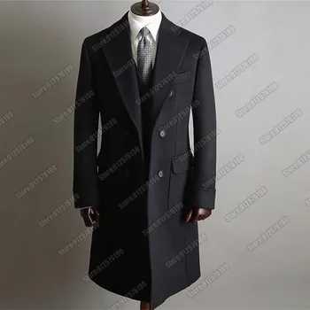 Toamna /Iarna Costume Sacou Negru A Atins Rever Blazer Dublu Rânduri Palton De Tweed Amestec De Lână Pentru Bărbați Haina Lunga Adaptate Făcut 2023