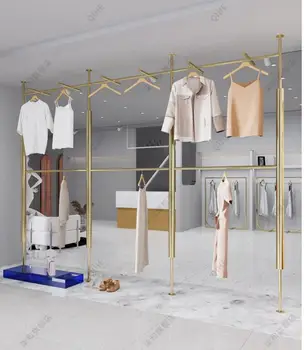 Inoxidabil oțel titan aur coloana haine de femei rafturi dublu-strat magazin de haine pentru bărbați umerase