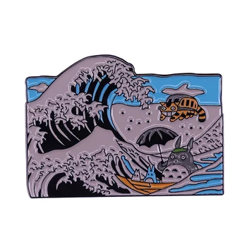 Furtuna Val Email Pin Katsushika Hokusai Insigna totoro catbus brosa pictura & anime mash-up accesorii de artă
