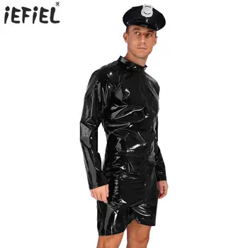 Mens Polițist Costume Cosplay Aspect Umed din Piele de Brevet cu Maneci Lungi guler cu Fermoar Salopeta cu Căpitanul de Poliție Pălărie Clubwear