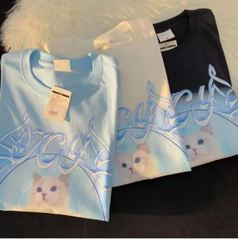 Anime Cat de Imprimare Femei T Shirt 2023 Vara Harajuku Haine O-neck Bumbac Maneca Scurta Feamle Casual Bluza Streetwear