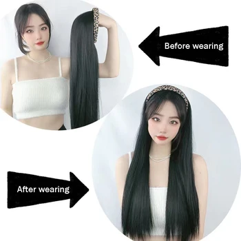 Cerc Păr Peruca De Sex Feminin Par Lung All-In-One Set Peruca Versiunea Coreeană De Moda Parul Drept Lung Negru Parul Lung Ondulat