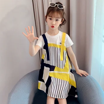 Vara Fete De Moda Rochie De Versiunea Coreeană Noi Dungă Galbenă Stil De Moda Cu Maneci Scurte Fals Două Piese Rochie De Printesa De Moda