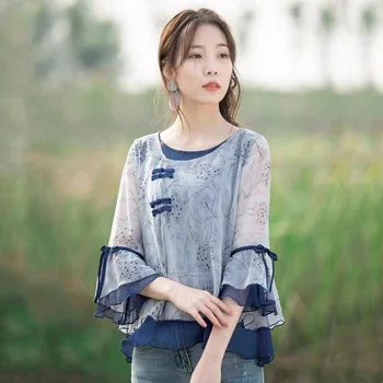 New Spring Vintage Florale Cămașă de Moda Chineză Tradițională Femei Subțire Șifon Top Respirabil Confortabil Oriental Îmbrăcăminte